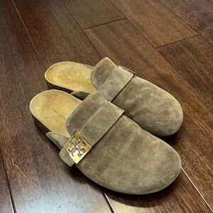 Taupe suede Tori Burch mules!  Size 9.